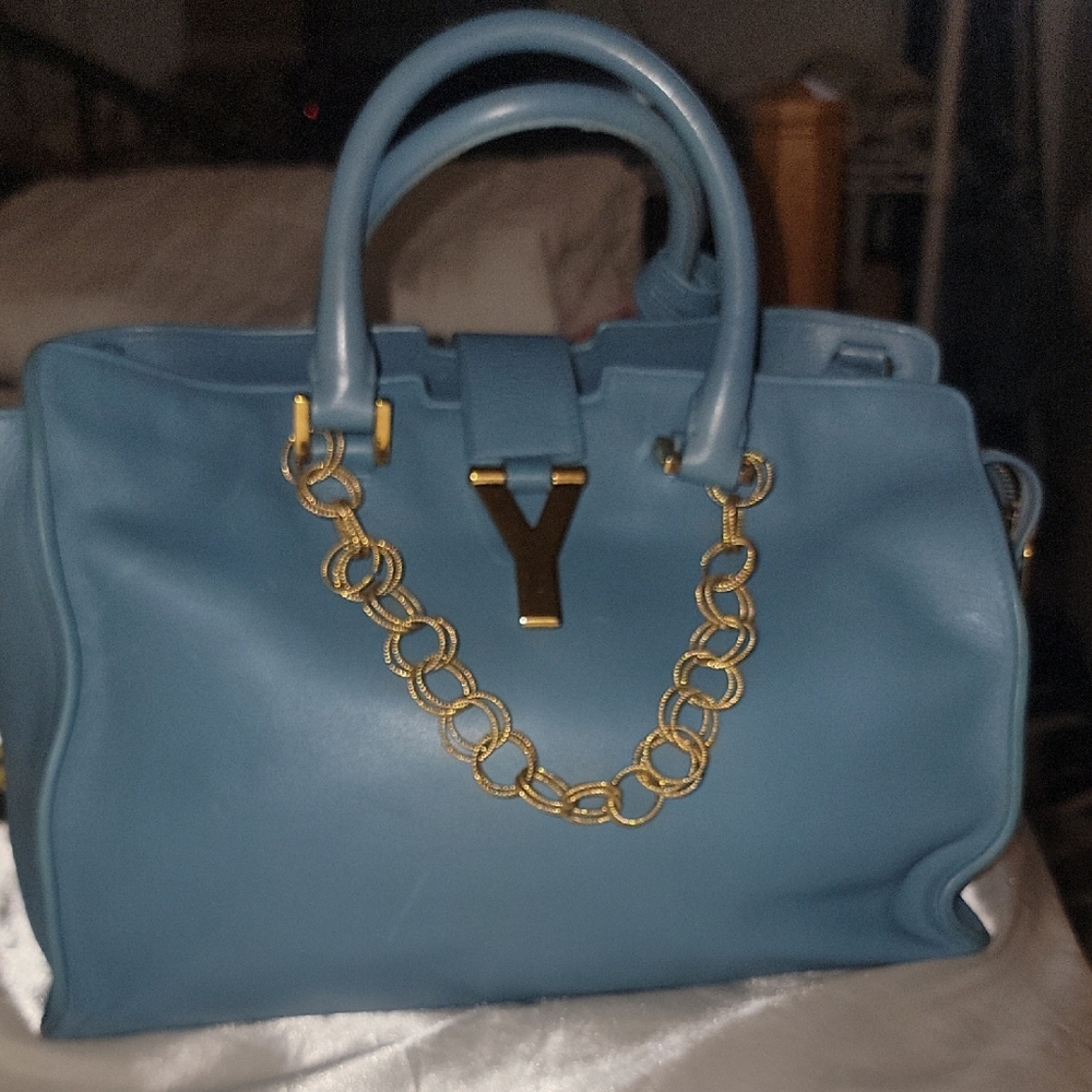 YVES SAINT LAURENT CABAS SATCHEL Blue Satchel with Gold HARDWARE (CHAIN Not Inc)